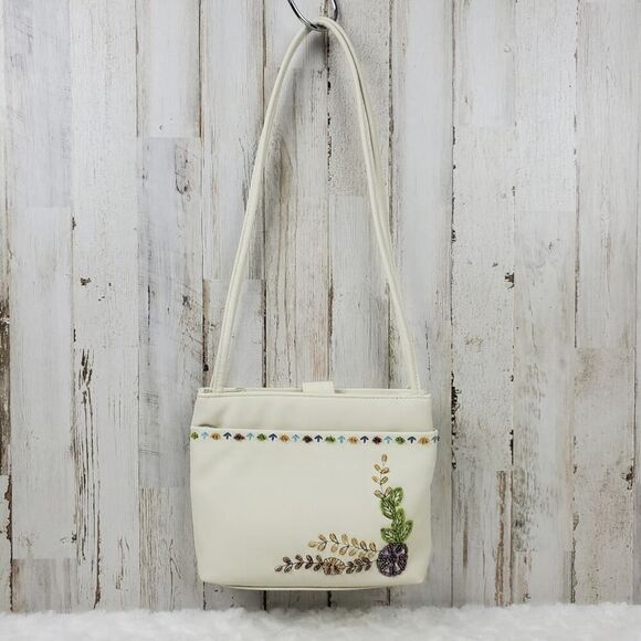 Floral Bead Embellished Handbag Purse Cream - Picture 3 of 10
